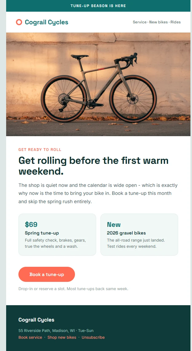 Service reminder email Mailverse designed for Cograil Cycles, a bike shop brand