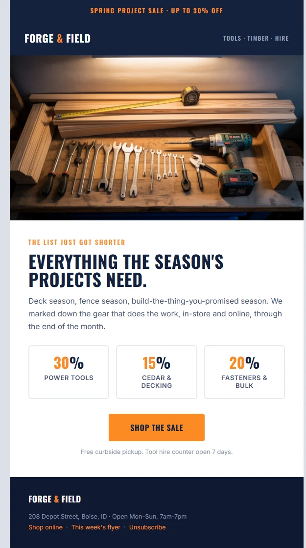 Sale announcement email Mailverse designed for Forge & Field, a hardware shop brand