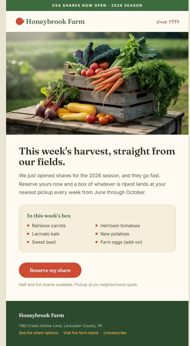 Sign-up drive email Mailverse designed for Honeybrook Farm, a farm & csa brand