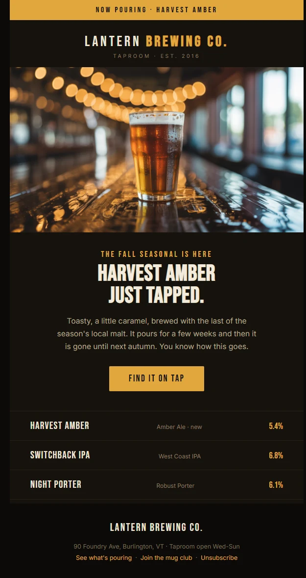 Product launch email Mailverse designed for Lantern Brewing Co., a brewery & taproom brand