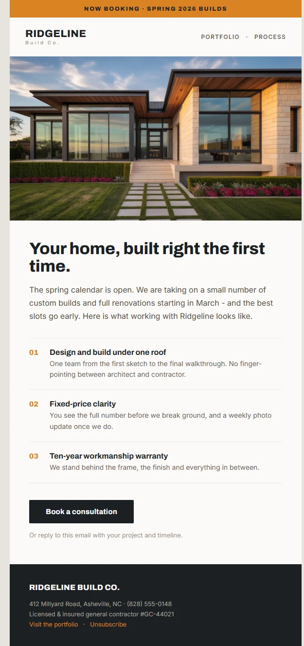 Seasonal booking email Mailverse designed for Ridgeline Build Co., a construction brand