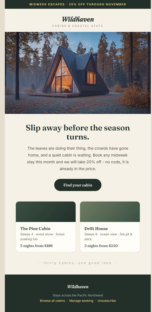 Promotional offer email Mailverse designed for Wildhaven Stays, a vacation rentals brand
